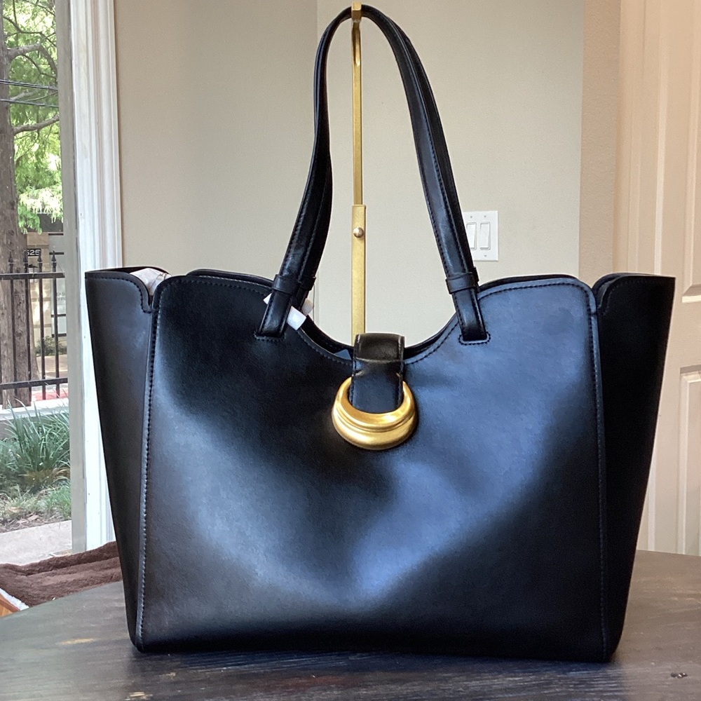 Donna Karan Valley Stream Black Leather Tote with Gold Accent - Designer Style